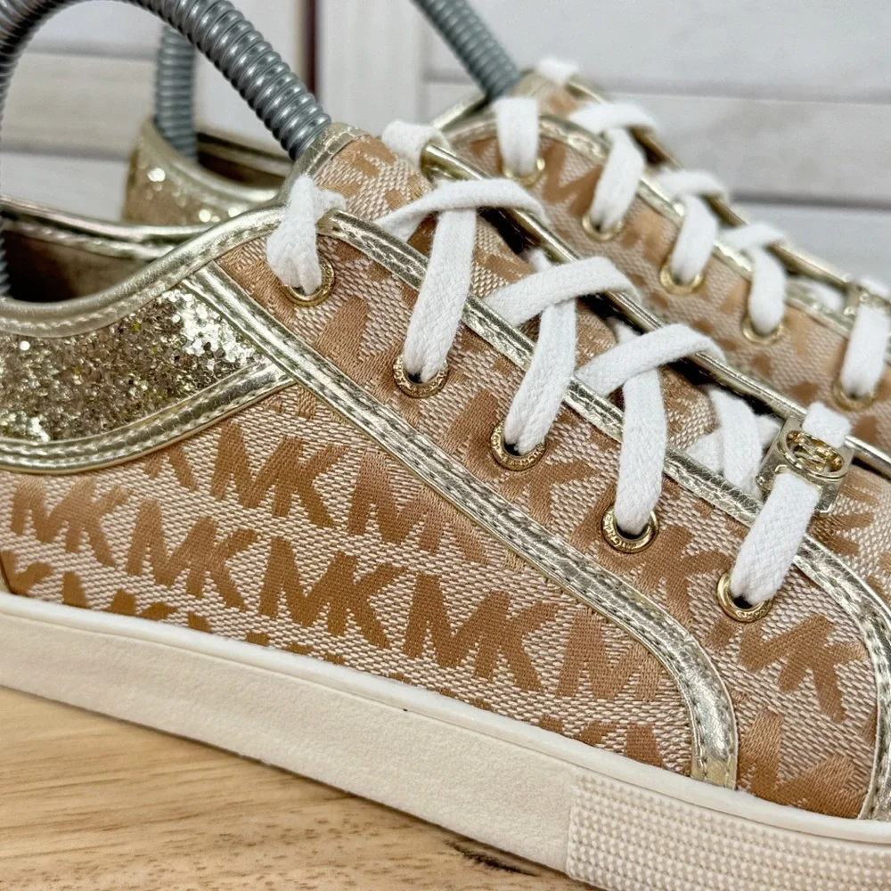 Michael Kors Cali Starla 2‎ Logo Jacquard Glitter Sneakers Tan Gold 3 Big Kids